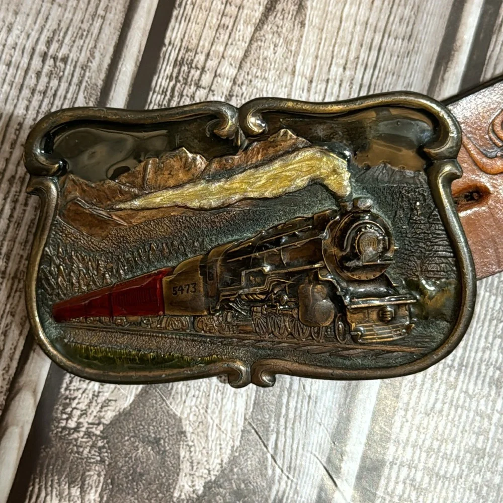 Bergamot Locomotive Vtg Brass Buckle Railfan Leather Tooled Belt 38-42 Unisex
